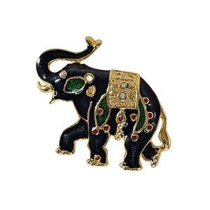 Vintage Gold-Tone Enamel Elephant Brooch Pin With Rhinestones & Red Accents